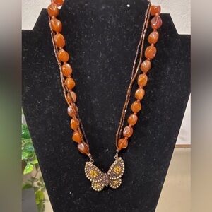 Butterfly Pendant Necklace with Amber Beads